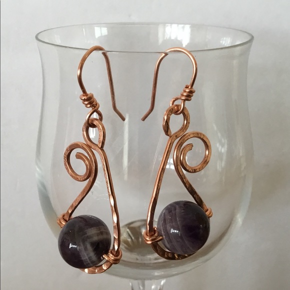 Fiddle Head Earrings - Genuine Amethyst on Copper - Picture 1 of 5